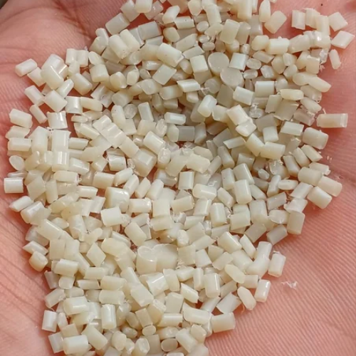 Hands holding small green plant seedling with soil and blurred green background